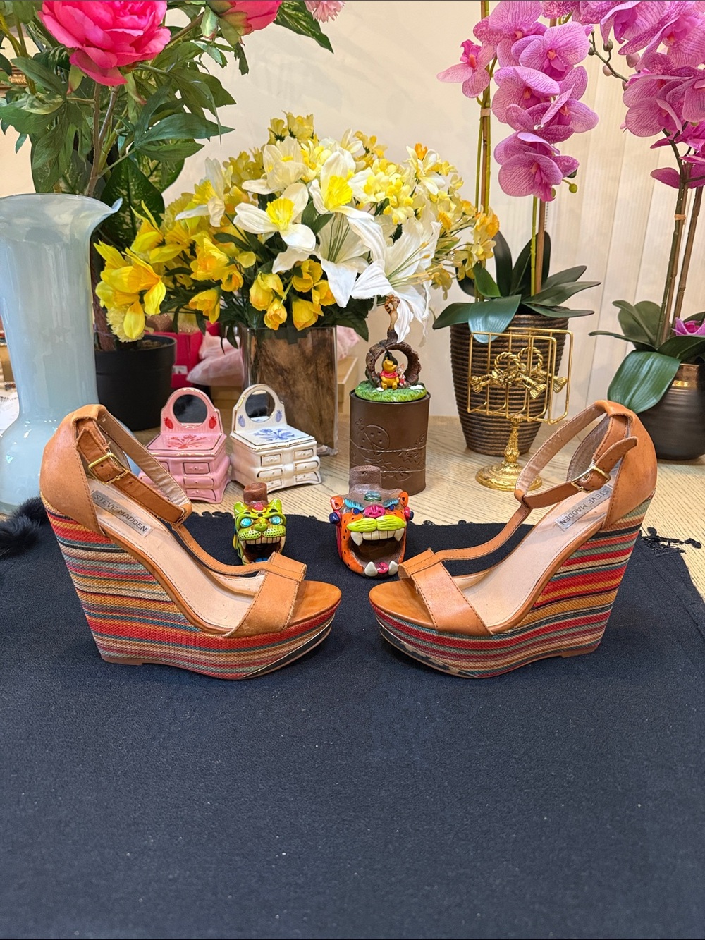 Steve Madden X TRIME Tan Leather T-Strap Wedge Sandals with Multicolor Stripes